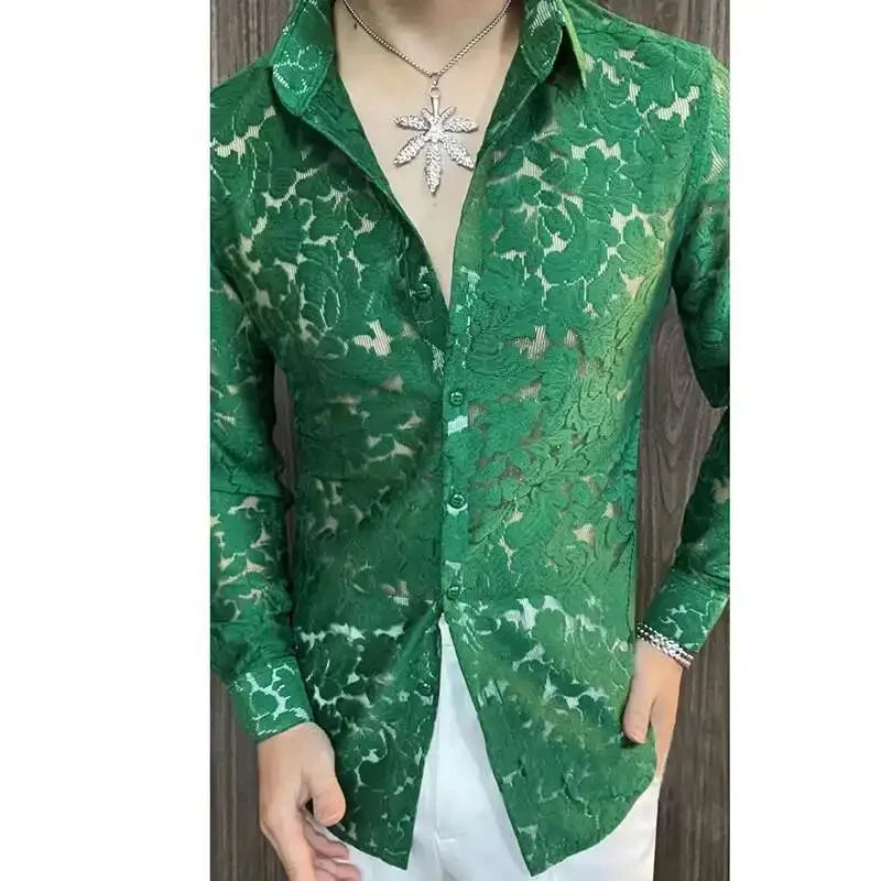 Men's Slim Fit Shirt Spring Transparent Long Sleeved Shirt Men Nightclub Sexy Casual Social Party Singer Shirt