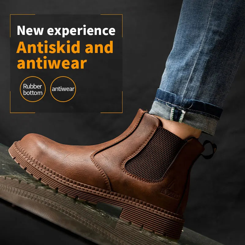 Zapatos de seguridad impermeables para hombre, botas de cuero con punta de acero, calzado masculino, botas de trabajo de construcción indestructibles, color marrón