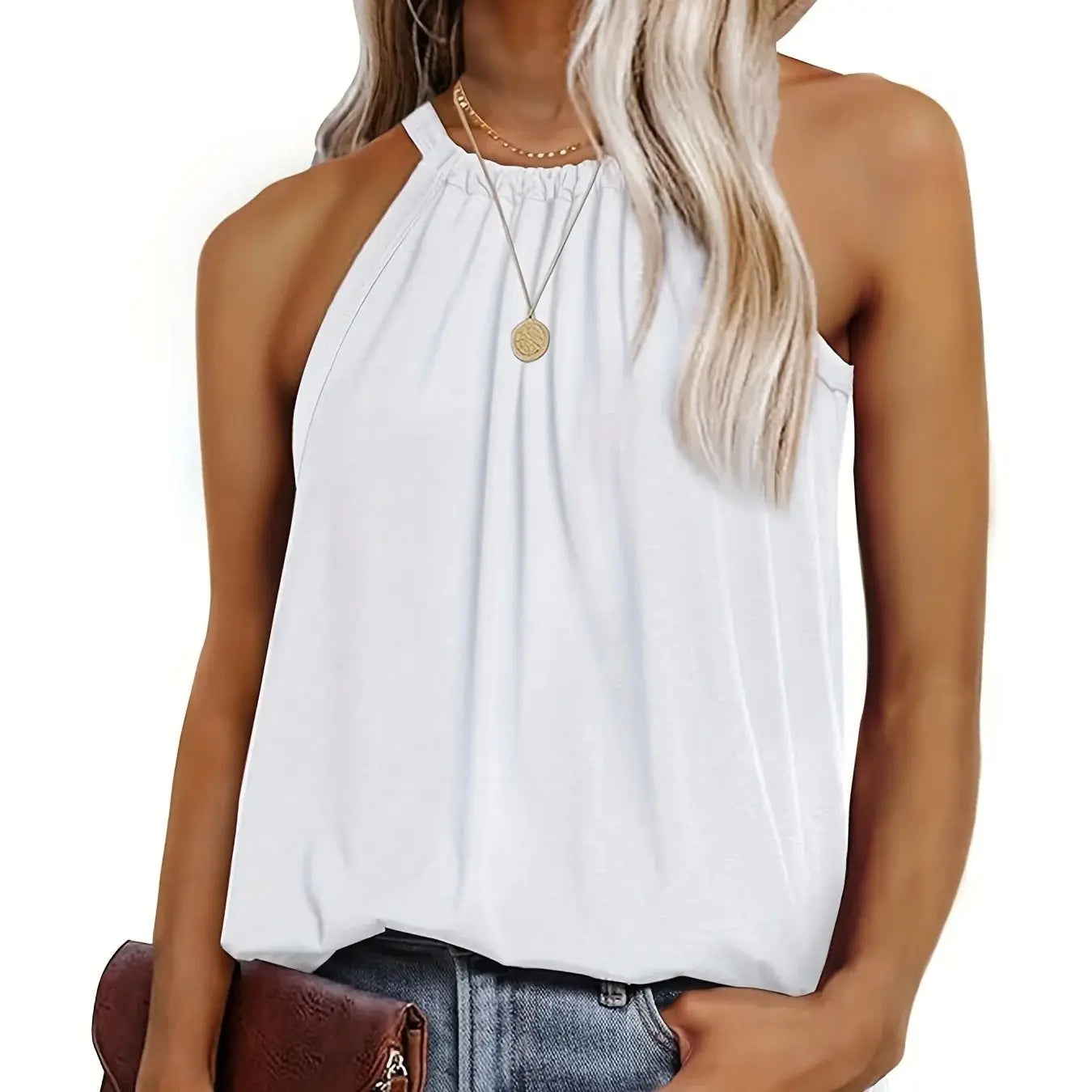 Tops de verano para mujer Tops de túnica casuales para usar con leggings Blusa de mujer Tops de halter sin mangas Tops de cuello alto de verano