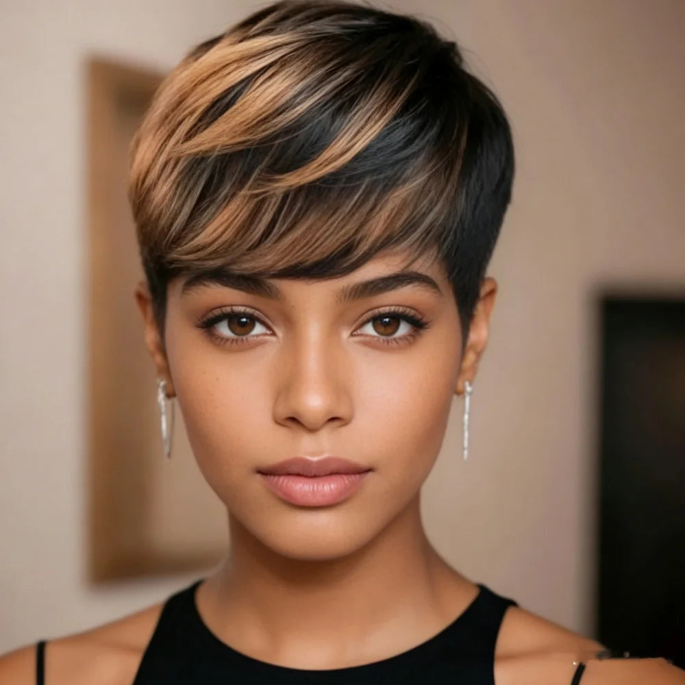 Straight Human Hair Wig Pixie Cut Human Hair Wig With Bangs Full Machine Made Wig Ombre Colored Wig
