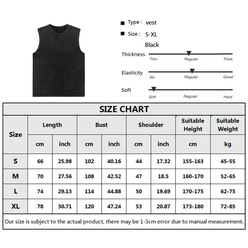 Débardeur vintage délavé pour homme, 100 % coton, décontracté, sans manches, style streetwear, noir, ample, pour femme