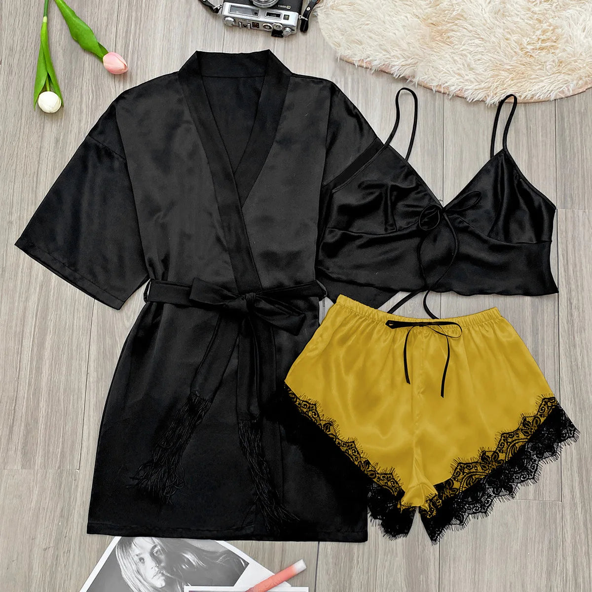 Women's Pajamas Set Satin Summer 3-Piece V-Neck Tank Tops Shorts Robe Sexy Comfortable Sleepwear Set Loungewear of Women 