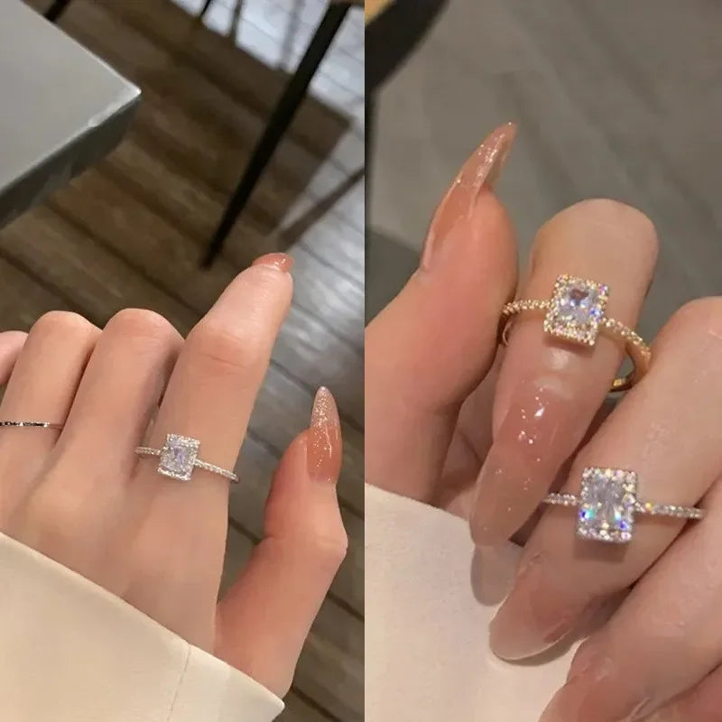 Anillos de lujo clásicos de moissanita para bodas y compromisos para mujeres, anillo cuadrado de la suerte ajustable, chapado en oro, joyería con encanto