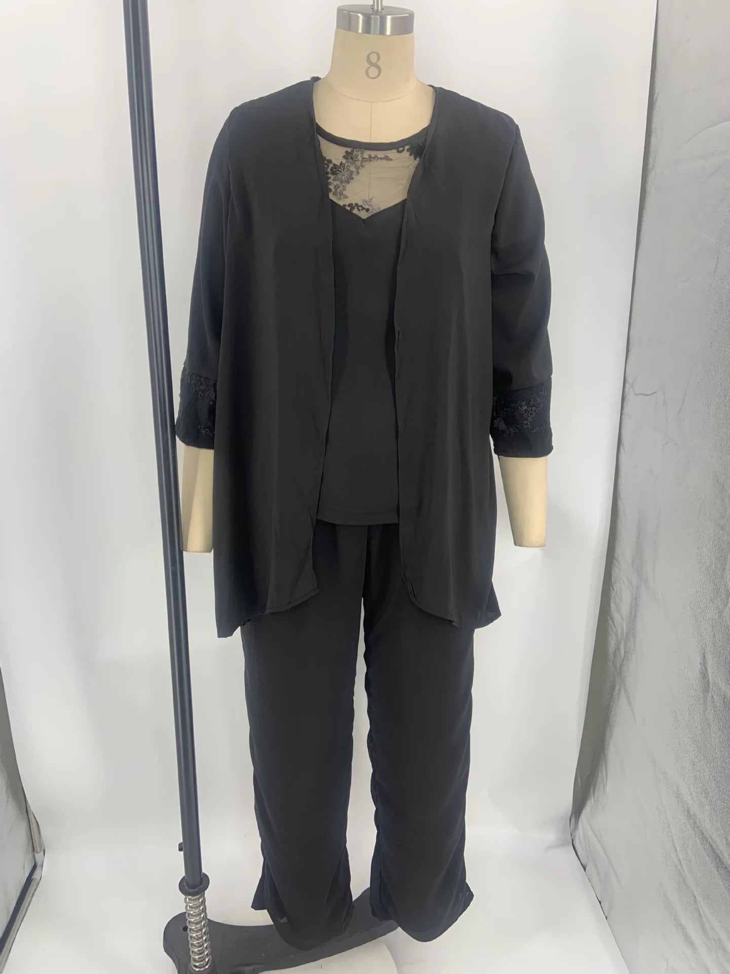 Conjuntos elegantes de pantalones para mujer, traje formal de oficina, tallas grandes, gasa, encaje, pantalones rectos, cárdigan, tops, conjuntos de 3 piezas para mujer