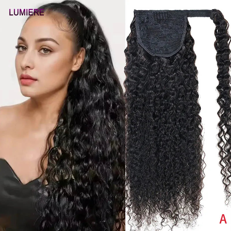 Afro Kinky Deep Water Curly Wave Wrap Around Drawstring Ponytail Human Hair Extensions 100% Real Human Hair Brazilian Clip In Fo
