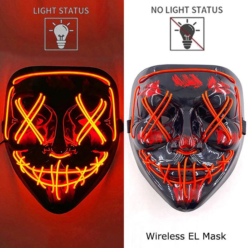 Máscara de purga LED de neón inalámbrica, que brilla en la oscuridad, máscara de cosplay de terror para Halloween, máscaras de fiesta de disfraces, accesorios luminosos divertidos