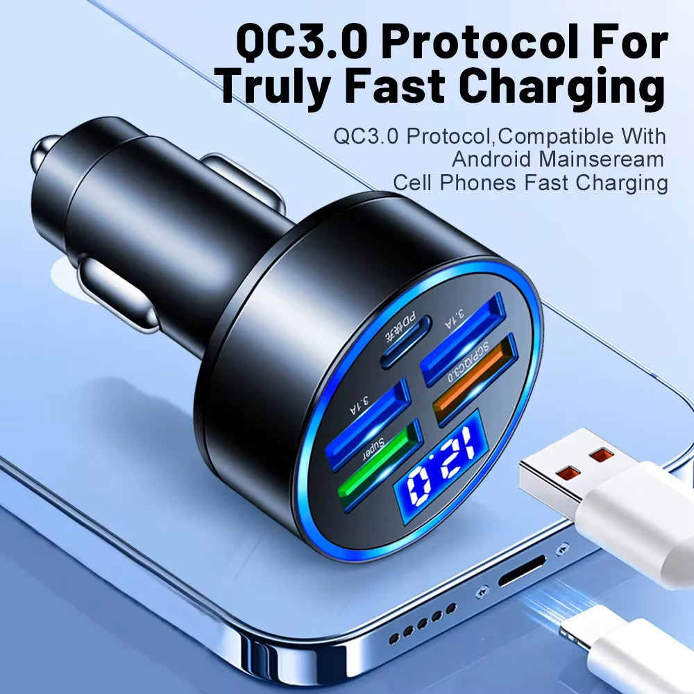 5 Ports Fast Charge PD QC3.0 USB C 250W LED Car Charger Car Phone Charger Type C Adapter in Car For iphone Samsung Huawei Xiaomi