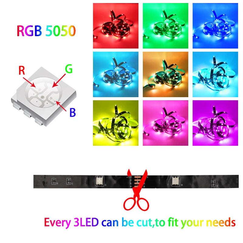 Tira de luz LED 5050 USB Lámpara flexible Cinta 3 teclas RGB Cinta 1M 2M 3M 4M 5M DC5V Decoración Retroiluminación de TV