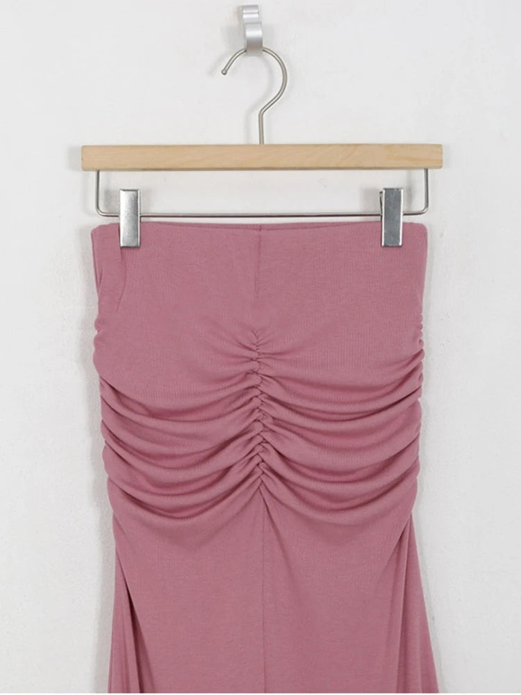 Faldas de satén fruncidas para mujer Falda de cintura alta para mujer Faldas elegantes línea A Falda midi rosa de verano Nuevo estilo coreano