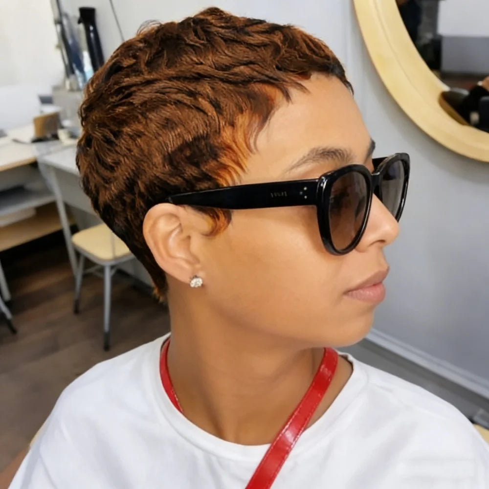 30# Short Pixie Cut Human Hair Wigs Natural Black Hair Wig Human Hair Machine Made Wig