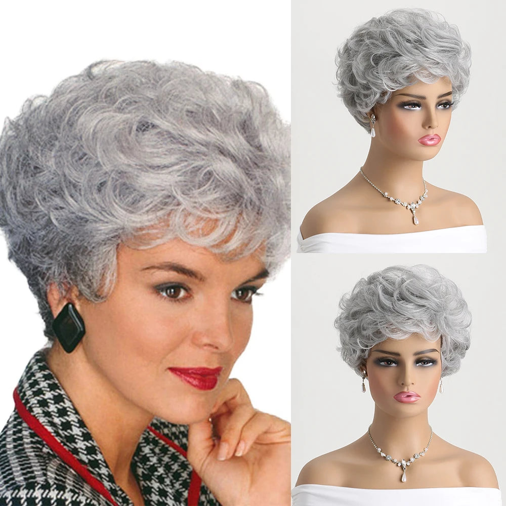 Short Natural Wigs with Bangs Soft Mommy Hair Daily Use Short Grey Ombre Curly Synthetic Hair Costume Party Wig for Women