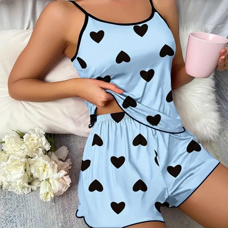 Conjunto de pijama para mujer Pijamas Camisetas Pantalones cortos Estampado de corazón rosa Camiseta de cuello redondo Top de seda de hielo Cómodo Informal Verano