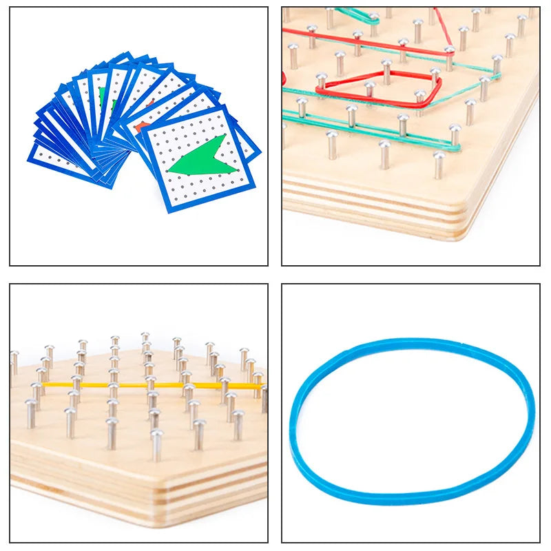 Juego de juguetes de madera Montessori de matemáticas para niños, figuras geométricas, banda elástica, tabla de clavos, juguete educativo creativo, regalo de Navidad ideal