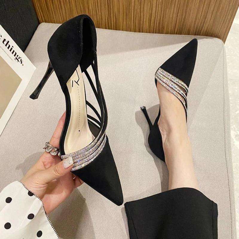 Zapatos de tacón alto para fiesta de noche de mujer, nuevos zapatos de salón elegantes para mujer, de punta, negros, con tiras, para mujer