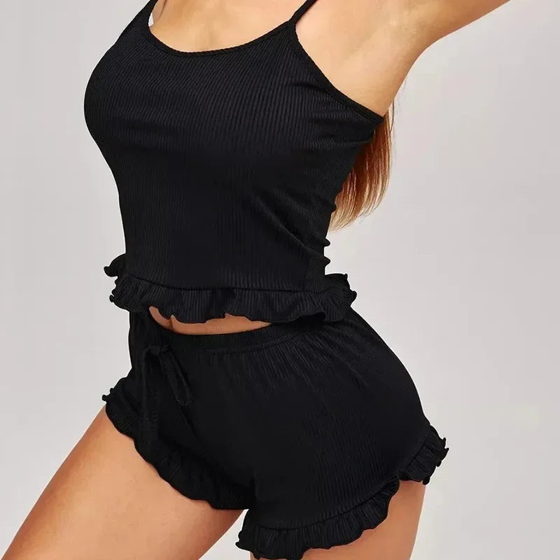 Conjunto de pijama de verano para mujer, 2 tirantes, ropa de casa, pijama suave, color sólido, pantalones cortos sexis, ropa de dormir informal ventilada para mujer