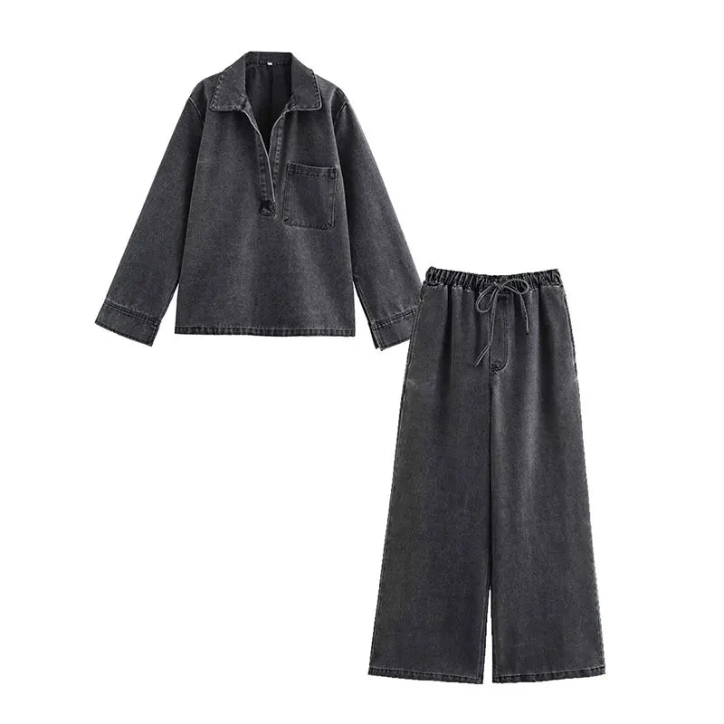 Conjuntos de Jeans Otoño 2024 para Mujer, Top Casual con Cuello Vuelto, Moda de Cintura Alta, Pantalón de Mezclilla Urbano para Mujer, Conjunto de Dos Piezas