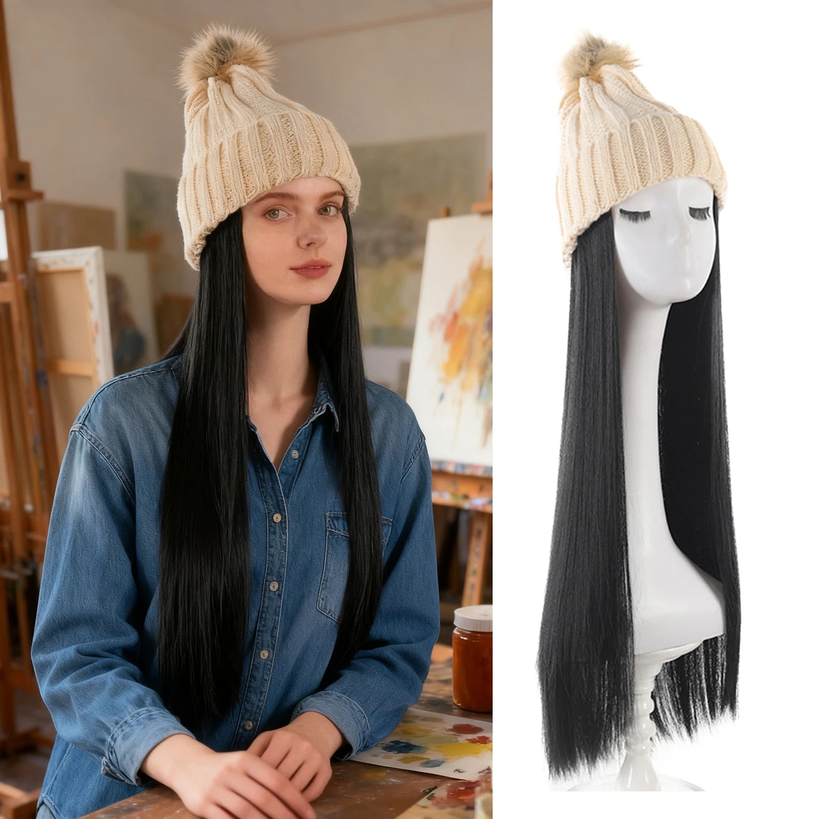 Gorro de punto para mujer, con pelo largo liso, cálido, para invierno, con pelo de fibra sintética negra realista, para clima frío