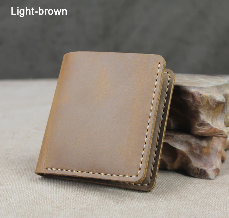 Cartera de lujo hecha a mano de cuero genuino Crazy Horse para hombre, cartera pequeña de cuero para hombre, monedero corto con clip para billetes, bolsa para dinero, café negro
