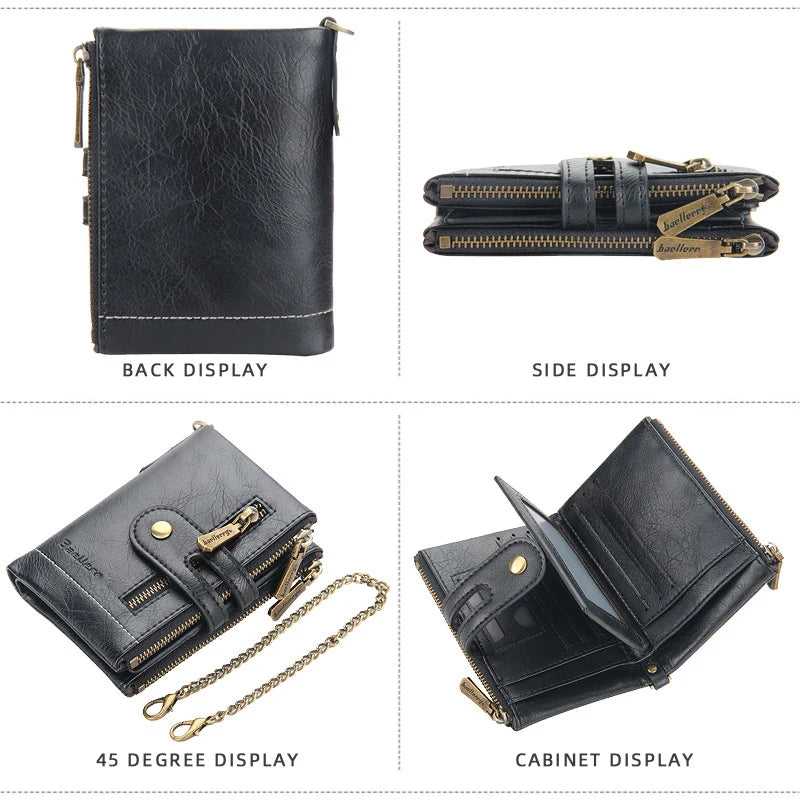 Billetera de lujo de piel sintética para hombre - Tarjetero con diseño de cadena corta, Monedero retro clásico (marca de alta calidad)