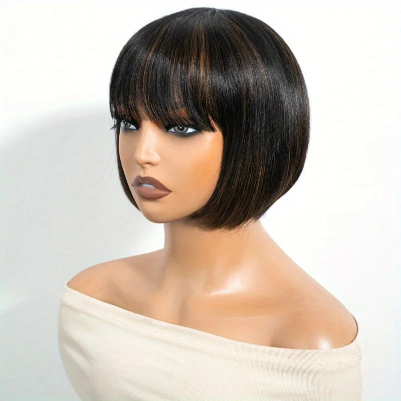Rebecca Glueless Short Bob Wig with Bangs Dark Brown (1B/30), 8 Inch Natural Look, Machine-Made Human Hair Wig, Everyday Wear