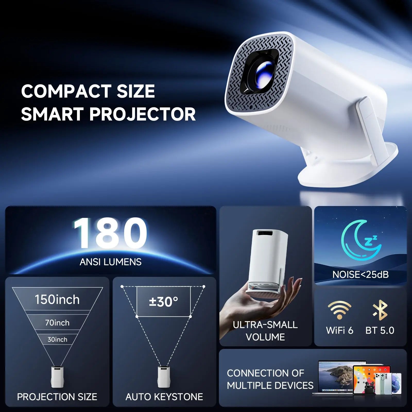 Proyector inteligente 4K Android 14 Proyector compatible con vídeo HD 1080p WiFi 6 BT5.0 Proyector portátil nativo 720p para cine en casa al aire libre