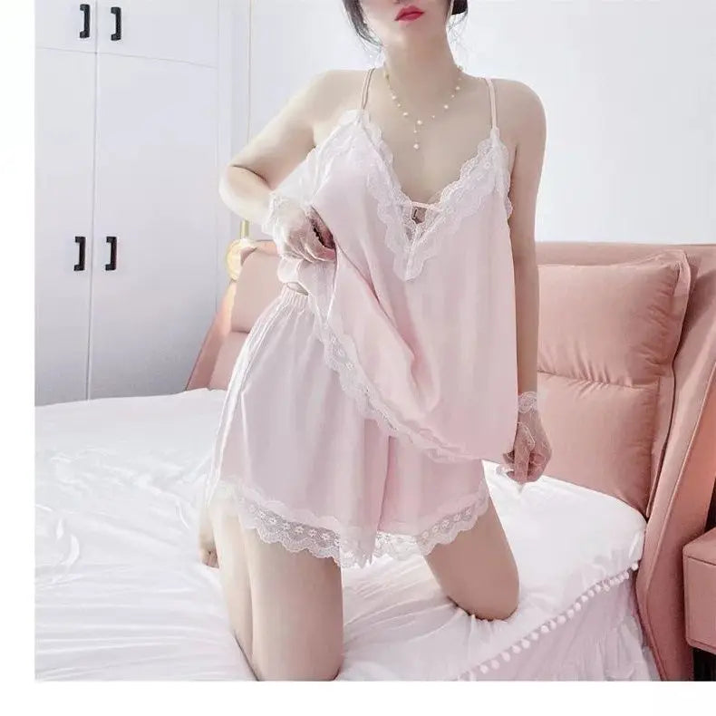 Conjuntos de pijama Y2K para mujer, ropa de hogar sexy de verano, talla grande, de seda fresca, suelta, elegante, con cuello en V y encaje, conjunto de dos piezas