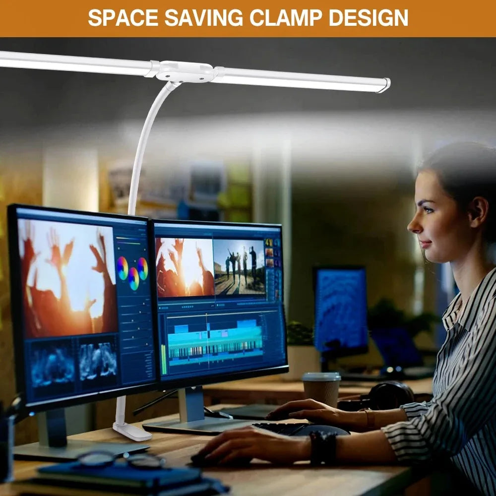 Lámpara de Escritorio LED de Uno o Dos Cabezales con Atenuación Continua, 3 Colores, Cuidado Ocular para el Hogar, Oficina, Luz de Lectura, Lámpara Flexible Ajustable