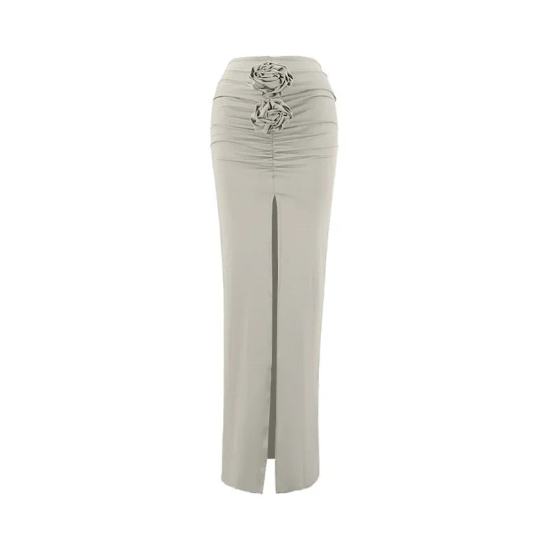Nueva Falda de Verano para Mujer Ropa de Calle Faldas Sólidas Apliques Sexy Abertura Delgada Elegante Fiesta Femenina Recta Faldas de Cintura Alta
