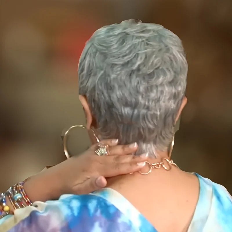 New for Summer Short gray Synthetic wig for women classic gray hairstyle pixie hair wig to mother US