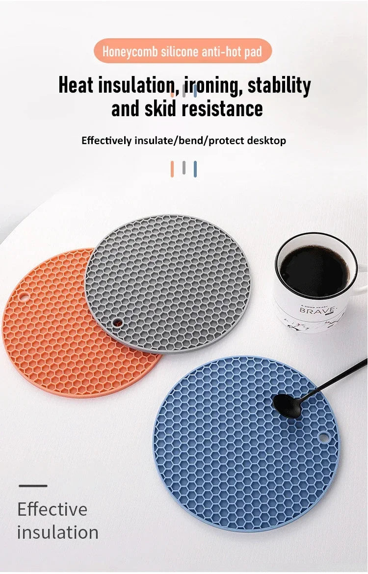 Set de table multifonctionnel en silicone pour la cuisine, dessous de verre rond antidérapant et résistant à la chaleur, manique