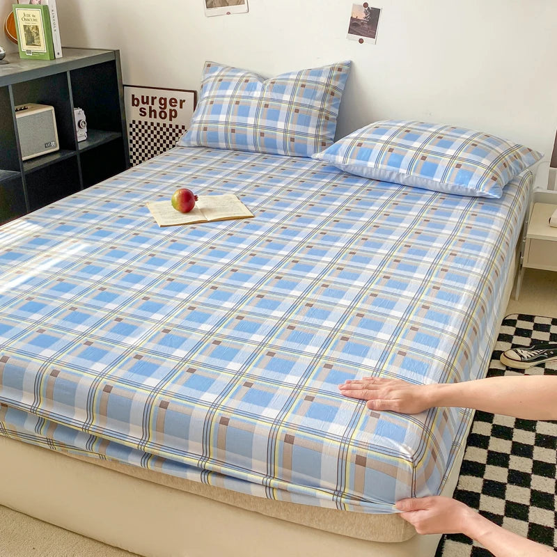 Sábana Ajustable Estilo Plaid, Funda de Cama Suave para la Piel, Sábana Elástica para Habitación de Niñas y Niños, Ropa de Cama para el Hogar (Sin Funda de Almohada)