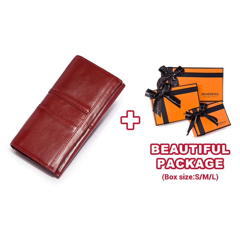 KAVIS Cartera de cuero genuino de marca de lujo para mujer, embrague largo con bolsa para teléfono celular, RFID, moda, rojo, tarjetero, bolso