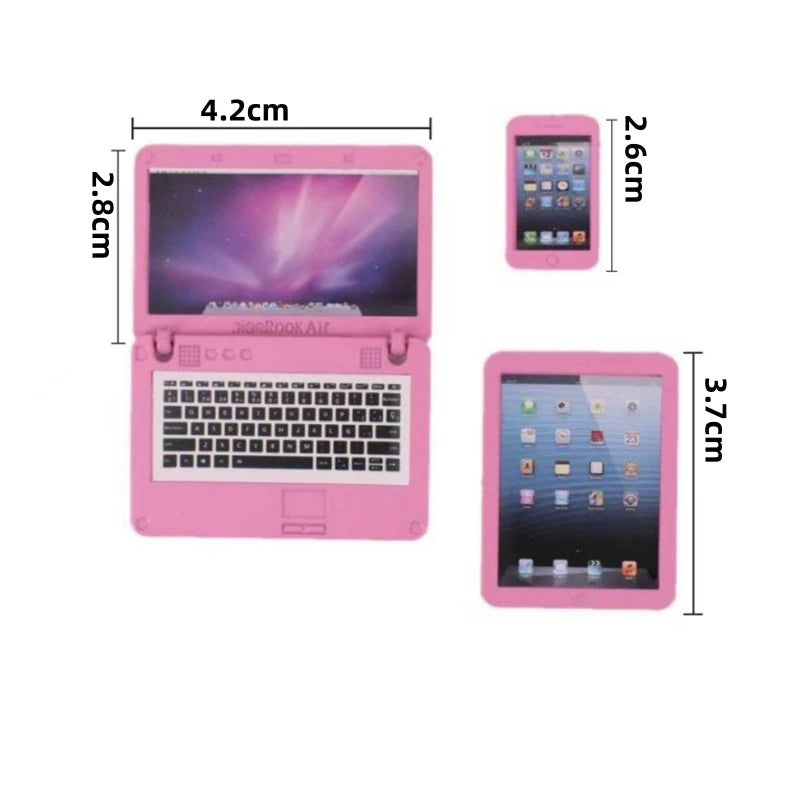 Lot de 4 téléphones miniatures pour maison de poupée, ordinateur portable avec sac, décoration pour maison de poupée, simulation à l'échelle 1:12, ordinateur portable, tablette, smartphone