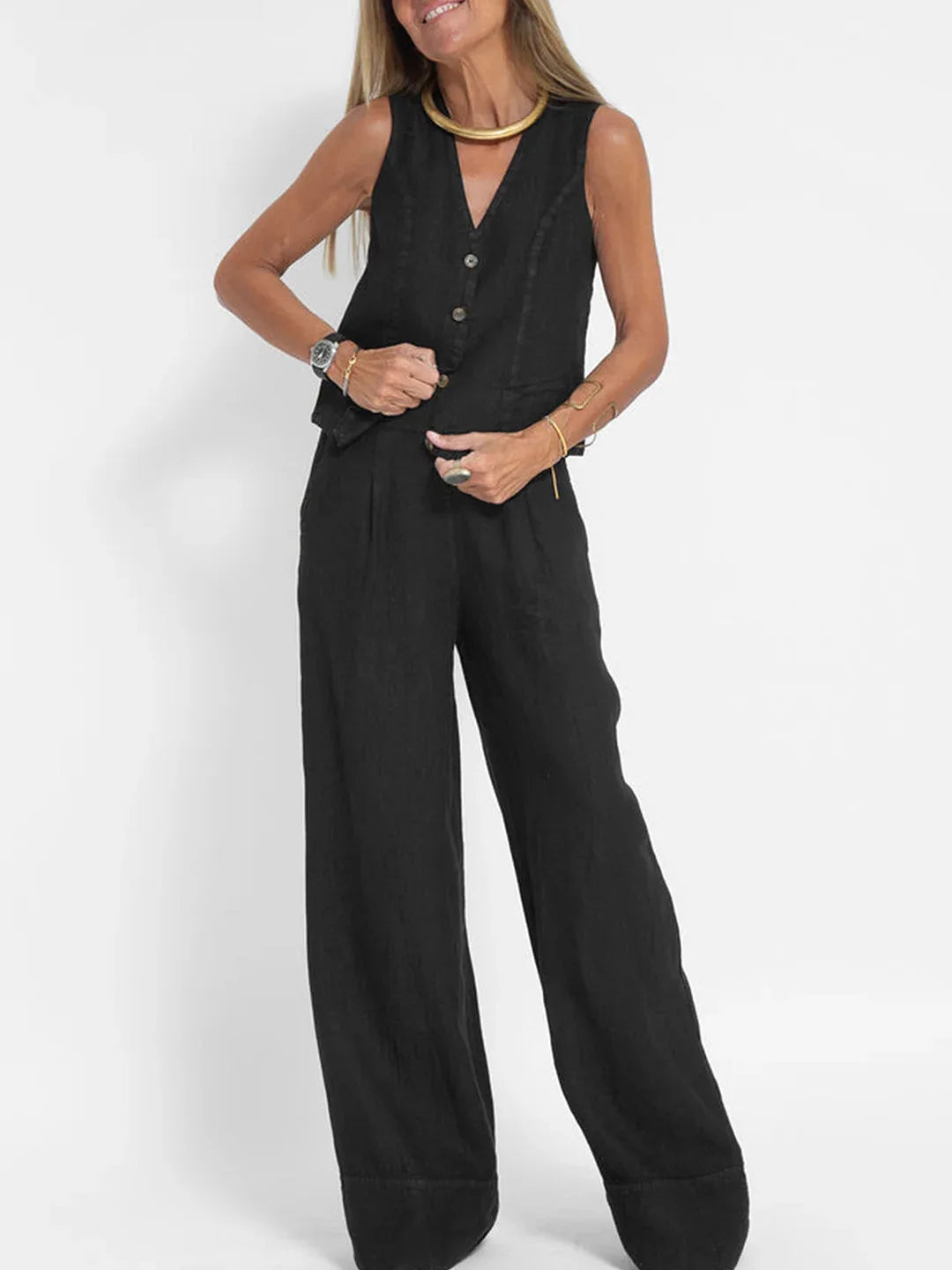 Conjuntos de chaleco y pantalón de moda para mujer, de algodón liso, traje informal, top sin mangas con botones de patchwork + pantalones, conjunto de 2 piezas para la oficina