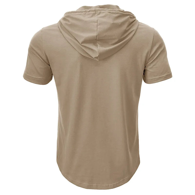 Men's Short-sleeved T-shirts for Sports and Fitness American-style Henley Shirt Hooded Top