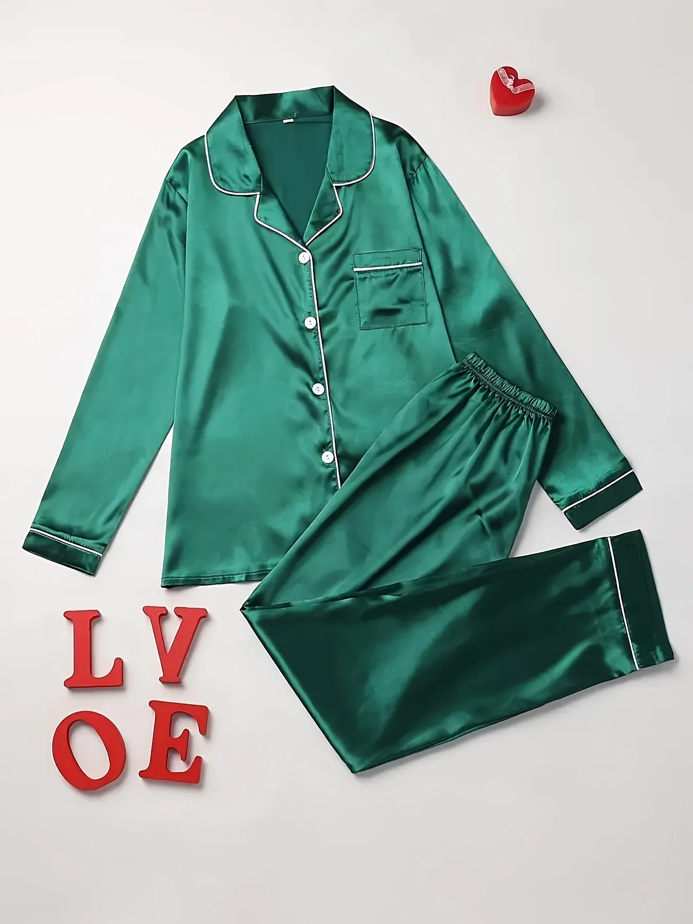 Conjunto de pijama liso de manga larga con botones y cuello tipo solapa, top y pantalones, conjunto de ropa de dormir y de estar para mujer