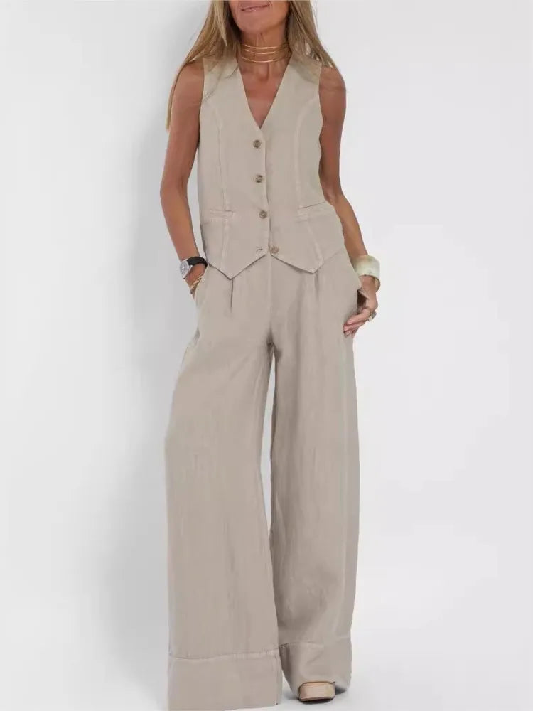 Ensemble gilet et pantalon tendance pour femme, ensemble décontracté en coton uni, patchwork, sans manches, haut boutonné et pantalon, ensemble 2 pièces pour le bureau