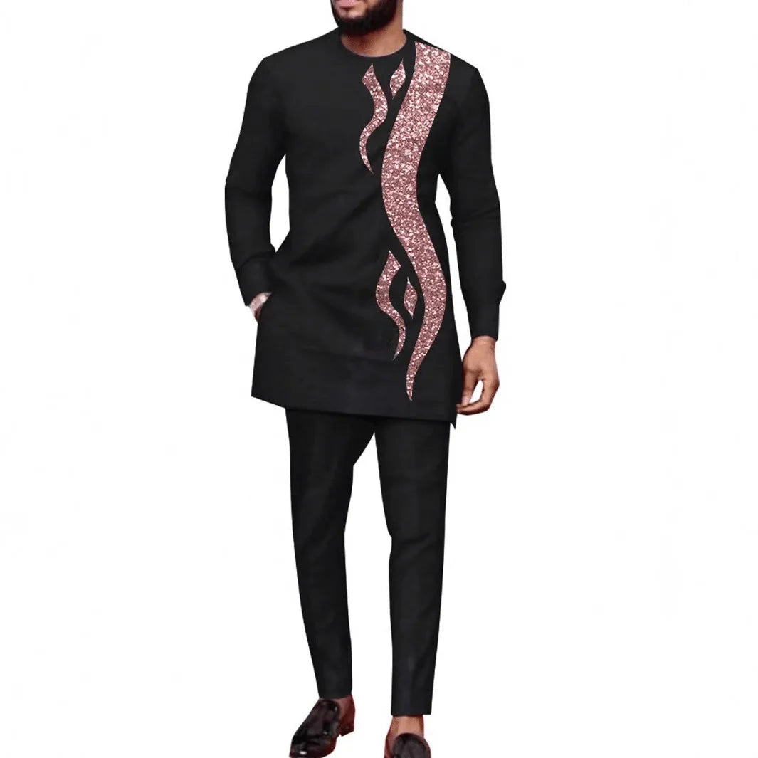 Dashiki Ropa Africana para Hombre Verano Otoño Africano Manga Larga Cuello Redondo Top Pantalón Largo Conjuntos a Juego Trajes de Ropa Africana