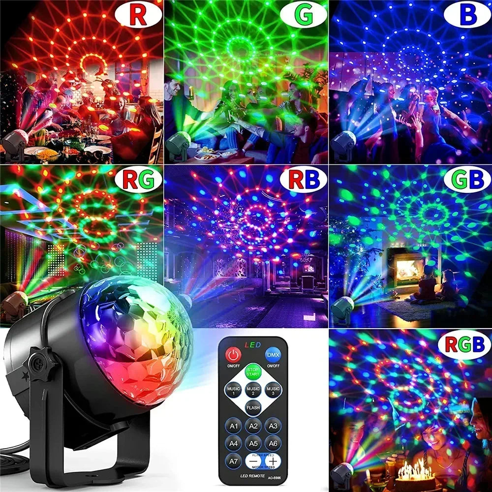 Luz LED de escenario para discoteca, bola giratoria, estroboscópica, control de sonido remoto, mágica, para coche, RGB, regalo de Navidad, fiesta, club, lámpara de espectáculo láser