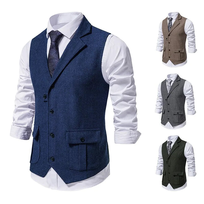 Men Suit Vest Herringbone Fabric Waistcoat Business Wedding Casual Turndown Collar Men's Dress Blazer Vests Formal Party V07
