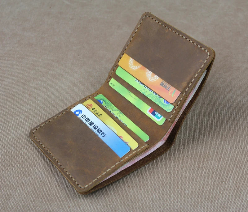 Cartera de lujo hecha a mano de cuero genuino Crazy Horse para hombre, cartera pequeña de cuero para hombre, monedero corto con clip para billetes, bolsa para dinero, café negro