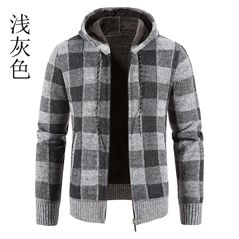 Chaqueta a cuadros nueva para hombre, suéter con capucha, forro polar de otoño e invierno, ropa informal gruesa y cálida, cortavientos para el frío