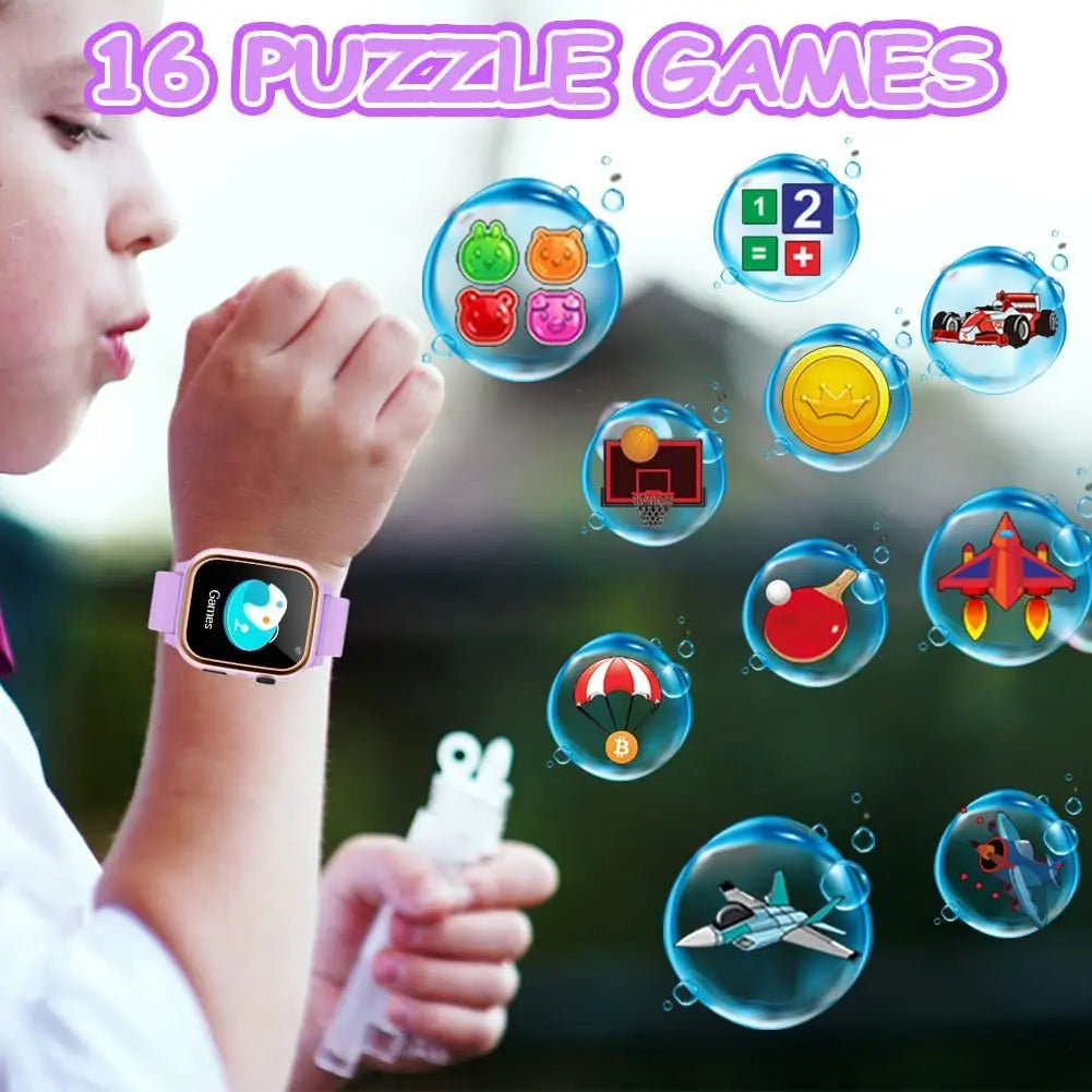 Montre connectée pour enfants, écran tactile HD, lecteur de musique, caméra, 16 jeux de puzzle, podomètre, calculatrice, lampe de poche, montre 12/24 h
