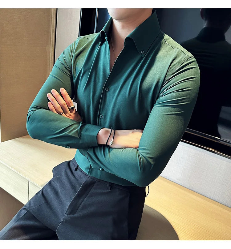 Camisa de vestir de hombre Otoño Estilo británico Liso Casual Ajustado Formal Camisas Cuello en V Manga Larga Camisa Ropa de hombre Streetwear