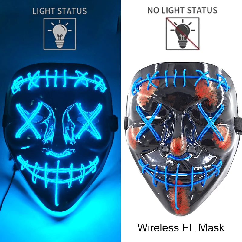 Máscara de purga LED de neón inalámbrica, que brilla en la oscuridad, máscara de cosplay de terror para Halloween, máscaras de fiesta de disfraces, accesorios luminosos divertidos