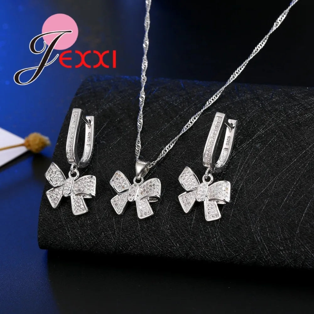 Parure de bijoux classique pour femme, collier, boucles d'oreilles, strass et zircons, en argent sterling 925.