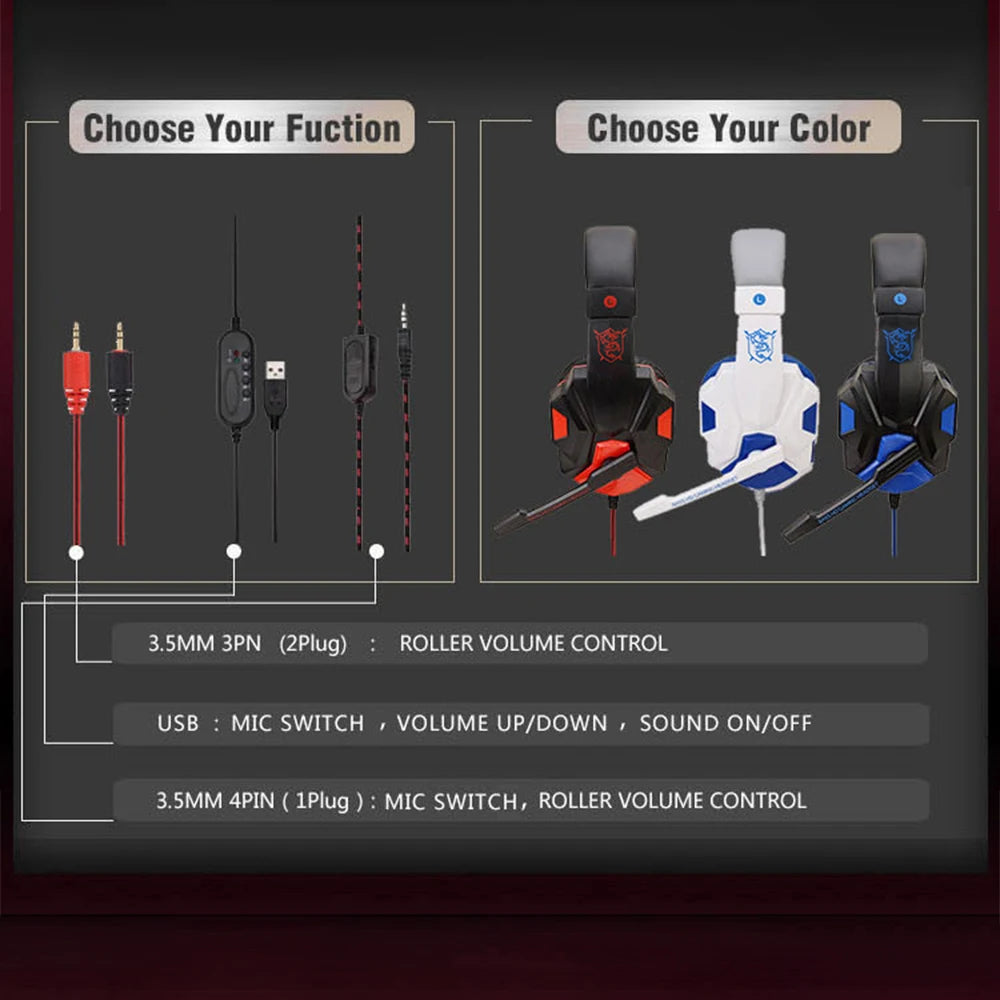 Nye spillhodesett med LED-lys, mikrofon, stereohodetelefoner, dyp bass for PC-datamaskin, gamer, bærbar PC, øretelefoner for PS4 og Xbo