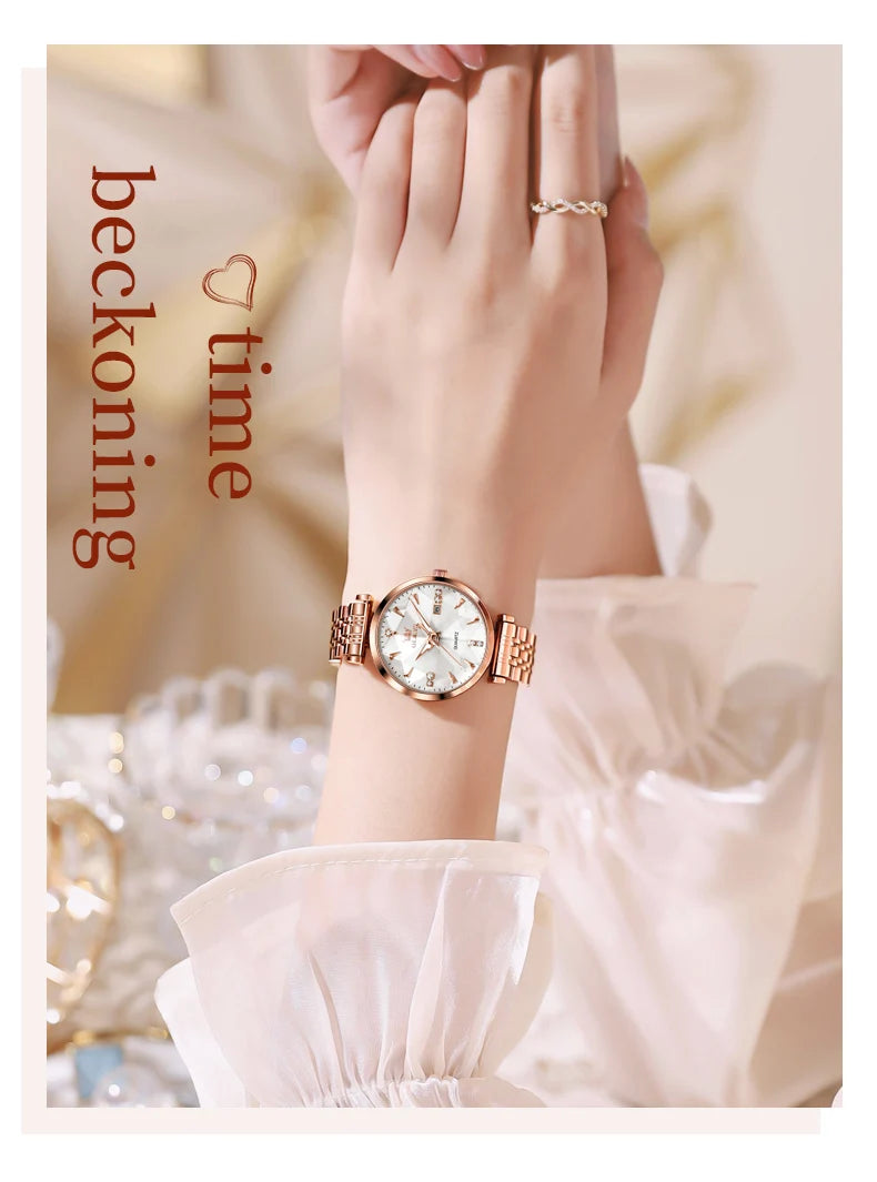 OLEVS 5536 Reloj de mujer de alta calidad con diseño de joyas elegantes, reloj de cuarzo impermeable, reloj de lujo de oro rosa para mujer Reloj Mujer