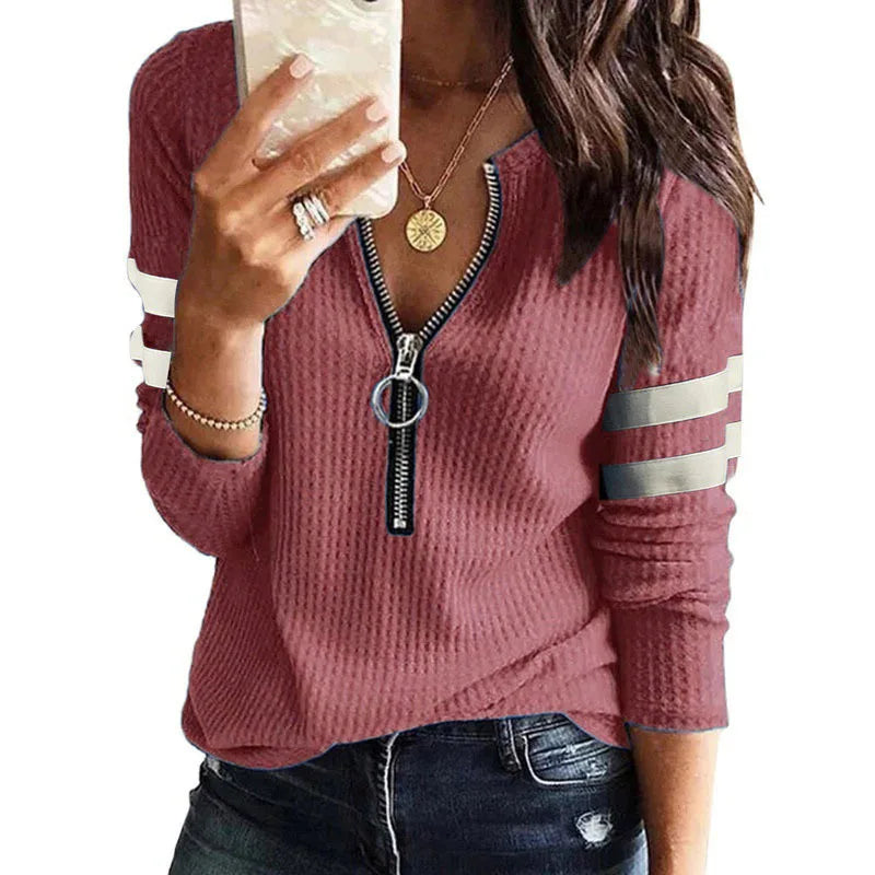 Tops para mujer con cuello en V, moda casual, suéter, estampado a rayas, cierre frontal, manga larga