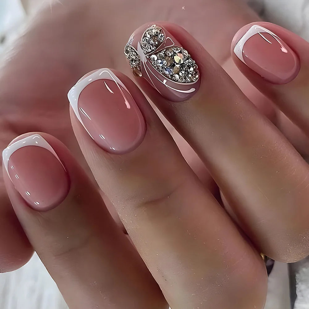 24 Uds uñas postizas de degradado blanco, cortas, cuadradas, bailarina, sencillas, de presión, usables, de color nude, puntas de manicura de cubierta completa